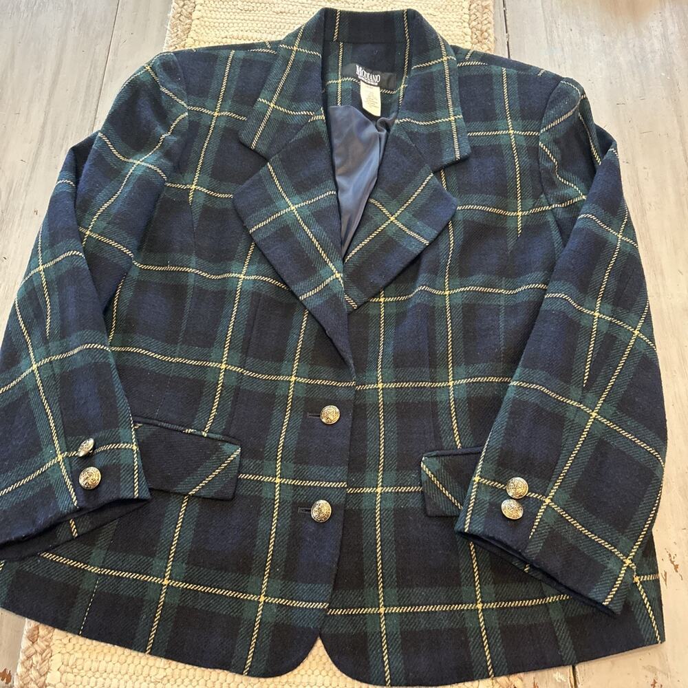 Vtg Modiano Green Blue Tartan Plaid Wool Blend Blazer Gold Crest Buttons Sz 16W